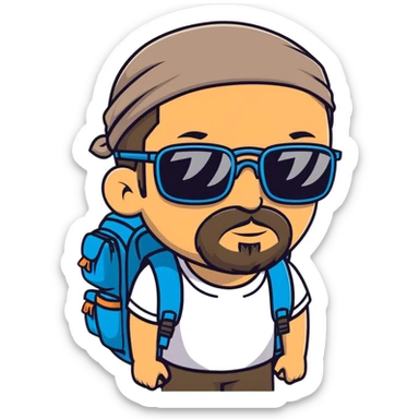 adventurer with goatee beard (no beard on cheeks), short hair, glasses, bandana on head and backpack sticker