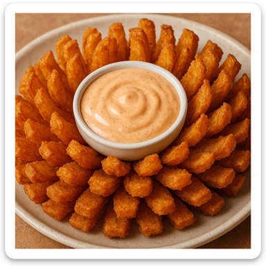 a close-up of a blooming onion appetizer, golden fried petals fanned out on a plate, with a small bowl of creamy dipping sauce in the center, vibrant and mouthwatering sticker