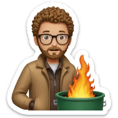 curly skinny guy with bear and glasses, heating in front of a trash bin on fire  sticker