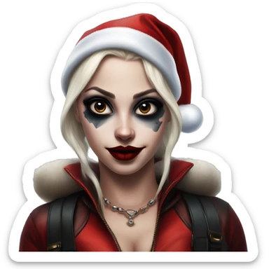 Santa Claus Jasmine in Harley Quinn style, oil paint, mysterious eyes, intricate lips, masterpiece portrait, odd perspective, beautiful, desirable, logical sticker