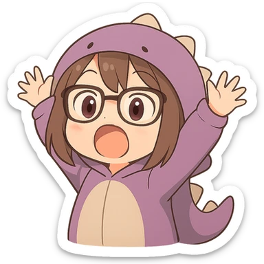 Chibi anime style gamer girl with glasses, brown hair, dark purple eyes, wearing a purple dinosaur costume, new pose with arms up in excitement, making a surprised expression, no controller, no background, same style as reference. sticker
