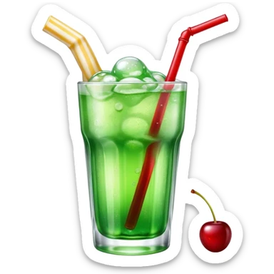 Create an emoji with a clear rounded glass, bright transparent green soda with fine bubbles, a smooth vanilla scoop, a glossy red cherry, using vibrant colors, soft shading, and clear glass highlights.
 sticker