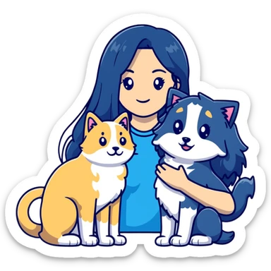 Woman with long black hair holding a blue and white long-haired cat and a golden retriever dog sticker