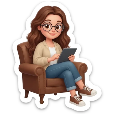 detailed emoji illustration of a curvy woman with long chestnut brown wavy hair, light brown eyes and round glasses sitting in a brown vintage armchair while reading on an e-reader tablet, cozy reading atmosphere, cute emoji style sticker