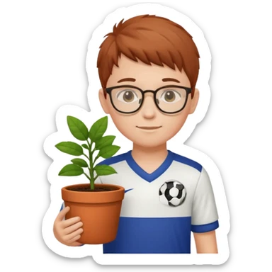 young boy wearing glasses, wearing soccer uniform, holding a plant pot sticker