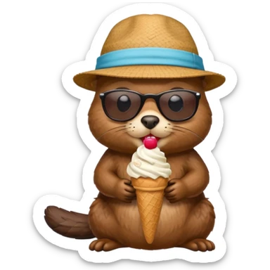 beaver eating ice cream wirh sun glasses and a hat sticker
