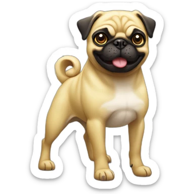 complete yellow-skin cartonish pug dog with two big and black eyes with a white shine and some little teths out of this mouth sticker