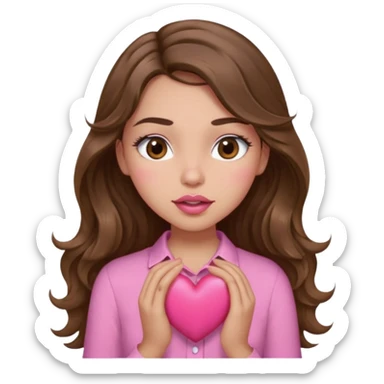 girl with long wavy brown hair, brown eyes, light to medium complexion, in a pink shirt, pink lips, long lashes, sexy , puckering, blushing, kissing a heart sexy sticker