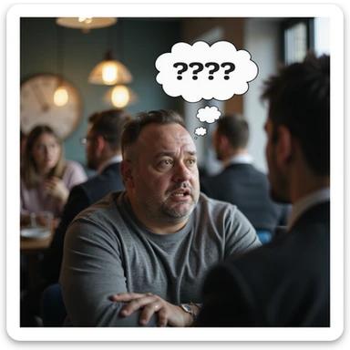 Obese man freezing during a conversation, thought bubble above head full of question marks, confused expression, social environment, hyperrealistic 4K details. sticker