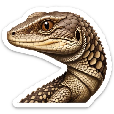 Cinematic Noble brown camo spotted monitor Lizard Portrait Emoji, Poised and regal, with a robust, scaled body exhibiting striking, mottled patterns and piercing, alert eyes, Simplified yet sharp and sophisticated features, highly detailed, glowing with a soft, earthy glow, high shine, intelligent and formidable, stylized with an air of ancient wilderness, focused and commanding, soft glowing outline, capturing the essence of a watchful and confident reptilian guardian that appears ready to stride out of the screen with effortless authority! sticker