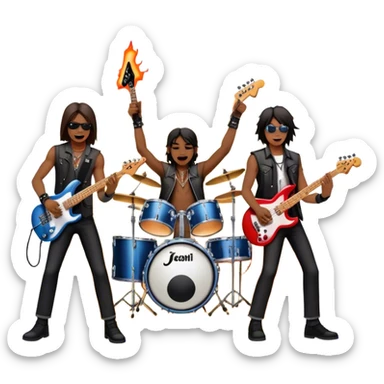 Icon for Metal Music: metal band on stage with musicians playing electric guitars, bass, and drums. The atmosphere is intense, with flashing lights, smoke, and energetic stage presence. The vibe is powerful and electric. Transparent background. sticker