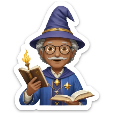 A Joyful Elderly Male with Brown skin and Curly hair, wearing a Traditional outfit, a Wizard hat, Sunglasses, carrying a Spellbook, working as a farmer, while drinking Coffee and reading a Textbook. sticker