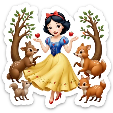 Cinematic Playful Snow White Portrait Emoji, Laughing while dancing with woodland animals, dress twirling gracefully, a whimsical sparkle in her eye, radiating charm and pure delight! sticker