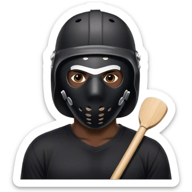 dark skinned black man standing in front of tent wearing a black t shirt with a white jason hockey mask sticker