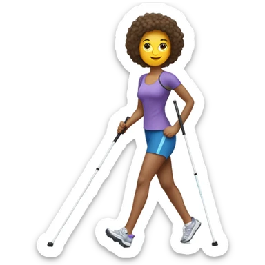 women Nordic Walking with left pole on ground  behind her body and right hand hiding  pole handlebeside her body  sticker
