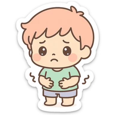 hungry little boy, kawaii chibi anime style, flat pastel colors, thick outlines, simple cute features, holding his belly, uncomfortable face sticker