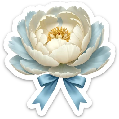 A single oversized peony in the softest shade of ivory sits in the center of a pearl-white canvas, its velvety petals unfolding like a quiet whisper. Wrapped around its stem is a wide, silk bow in a misty blue hue, its fabric pooling slightly onto the surface. The background’s subtle texture reflects light in a way that enhances the depth of the petals, creating an ethereal, almost weightless atmosphere. sticker