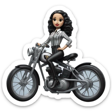 Jeffery New York Lingerie Barbie white Wednesday Addams from academy in vertically-striped gray and black officer’s uniform. Leaning back, riding a wheelie on a hot rod bike sticker