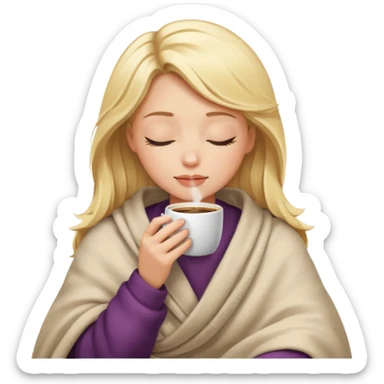blonde girl inside a blanket sipping coffee eyes closed sticker