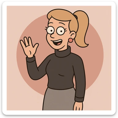 Women Medium Blonde median ponytail hair pink circle earrings Charcoal Athens Merino Wool Roll Neck Jumper Grace skirt a hand say hello sticker