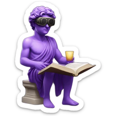 an EMOJI OF A ancient young greek statue reading a book, wearing VR glasses, purple colors, DIGITAL UNIVERSE sticker