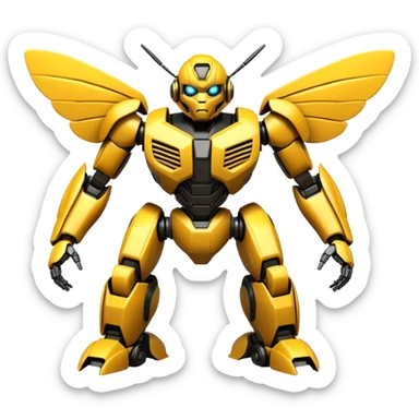 Futuristic robotic bumblebee character in the exact style of Bumblebee from Transformers movies, highly detailed 3D model sticker