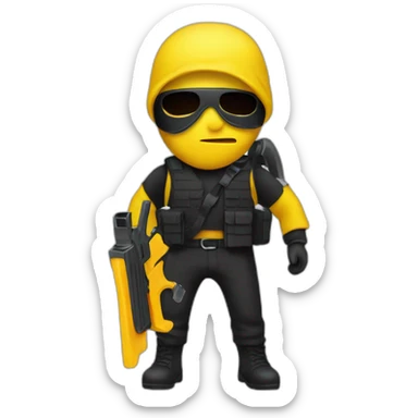 person that looks like a robber with a black watergun with yellow skin sticker