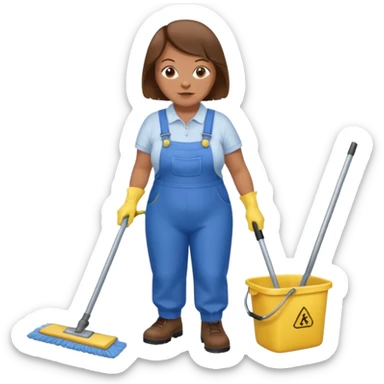 old and fat women, brown hair, Custodian with yellow rubber gloves, white T-shirt, blue overalls, mopping floor sticker