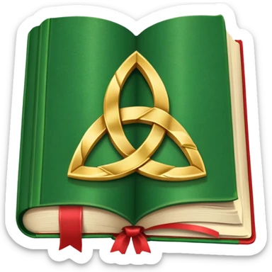 a green closed book with a golden triquetra on it with a red ribbon between the paged sticker