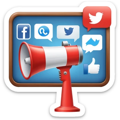 An icon featuring a megaphone, a billboard, and social media icons, symbolizing advertising and public relations. The design includes a press release and a rising graph, representing brand promotion and communication strategies. Transparent background highlights media influence and outreach. sticker