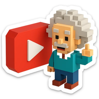 voxel style Albert Einstein with a large YouTube play button in the background, isometric view sticker