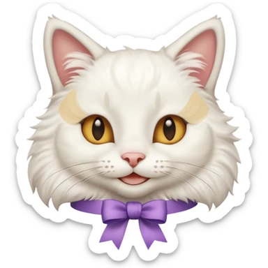 Head of a white cat, smiling, with a loose ribbon on top of its head
 sticker