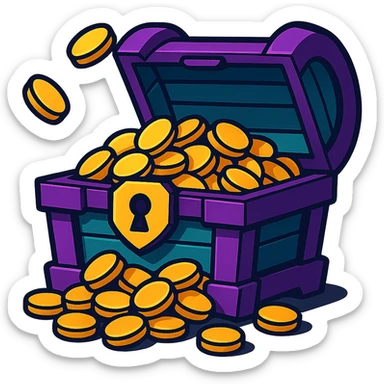 Make the purple and teal rewards chest open with coins spilling out, no background, vibrant toon style. sticker