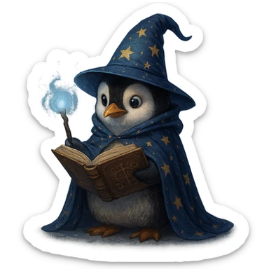 penguin wizard with a book of spells wearing a starry cloak in a mystical atmosphere sticker