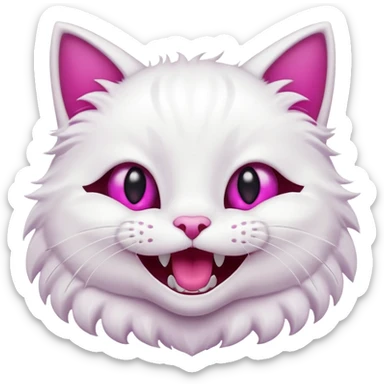 White cat, very happy open mouth smile, fangs showing, magenta eyes, black background, cute cartoon style sticker