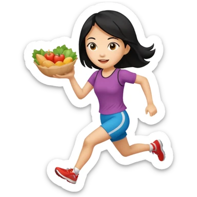 Asian woman with black hair running with food in hand sticker