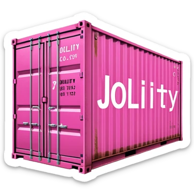a pink shipping container with the words "Jollity & Co." in big letters on the long side sticker