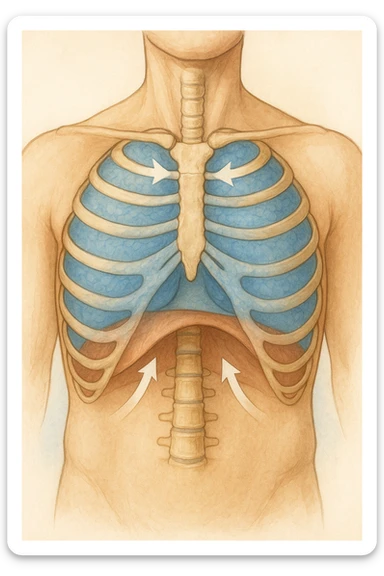 A realistic, high-quality anatomical illustration showing a human torso with visible rib cage and diaphragm. The ribs are shown in a decompressed, expanded state, allowing full lung expansion, while the diaphragm is depicted as relaxed and lowered, indicating deep, efficient breathing. Soft blue and warm tones highlight airflow and lung capacity, with light arrows illustrating the air movement during diaphragmatic breathing. The image conveys a sense of calm, openness, and optimal breathing mechanics, useful for physiotherapy, breathing education, and osteopathic learning contexts sticker