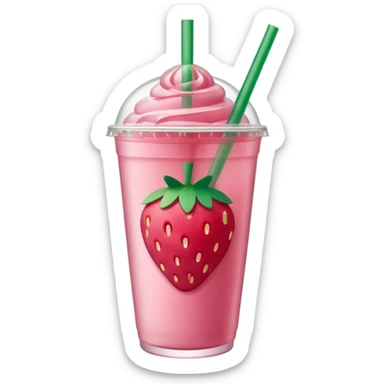 close-up of pink Starbucks drink with visible strawberry slices, clear cup, green straw sticker