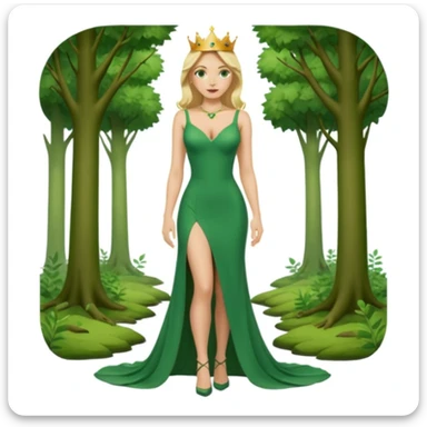 Queen, crown, blonde hair, green eyes, long green tight dress, decoltee,  Leg slit, whole Body, Background forest  sticker