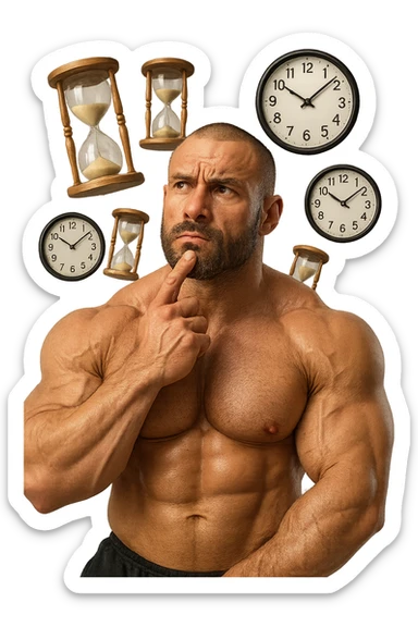 bodybuilder pensieroso che si tiene l'indice sul mento, alle sue spalle fluttuano clessidre e orologi da muro, iperrealistico 4k sticker
