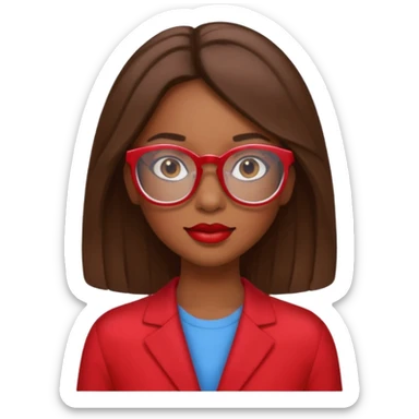 It creates a girl with brown skin, hair a little below her shoulders, just a little, pretty clear glasses, wearing red clothes and red lipstick. sticker