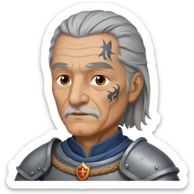 elderly tattooed knight, tattooed shoulder, long hair sticker
