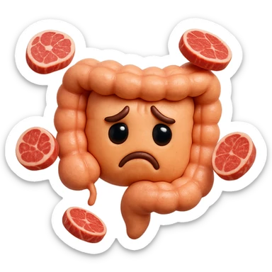 emoji stile iphone in 3d di un intestino triste
 con fette di carne che gli fluttuano intorno, iperrealistico 4k sticker