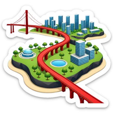 advanced modern island with advanced infrastructure, parks, contemporart buildings, and with a red bridge on one side sticker