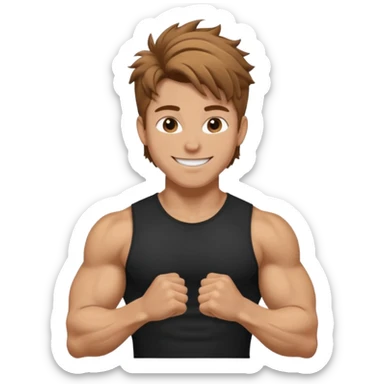 Gym rat with light brown hair and black t shirt, and messy hair. And muscular ,and happy a little sticker