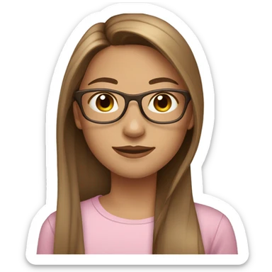 girl with long straight brown hair and carmel highlights, pale/tan skin, pretty, pink shirt, clear glasses,  sticker
