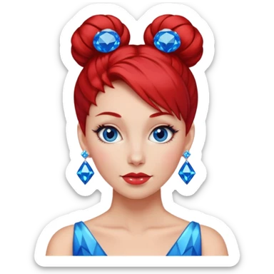 gem lover woman with gem accessories excessive amount very big gem earrings red bun hair and redbluediamonds sticker