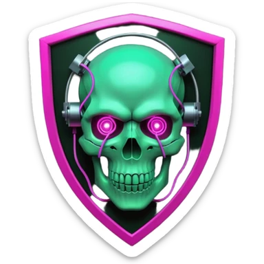 Cyberpunk shield, skull with cybernetic implants, glowing wires, dark electric pink and grenn, black tones, no background sticker