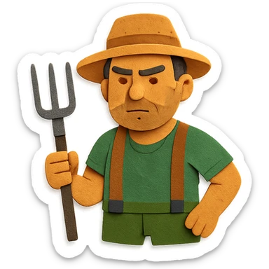 paper craft style illustration of a determined middle-aged farmer, sun-bleached face, black hair, stubble, green trousers, suspenders, green T-shirt, straw hat, holding pitchfork, warm golden-brown textured background, bold lines, vibrant earth tones, rural America sticker